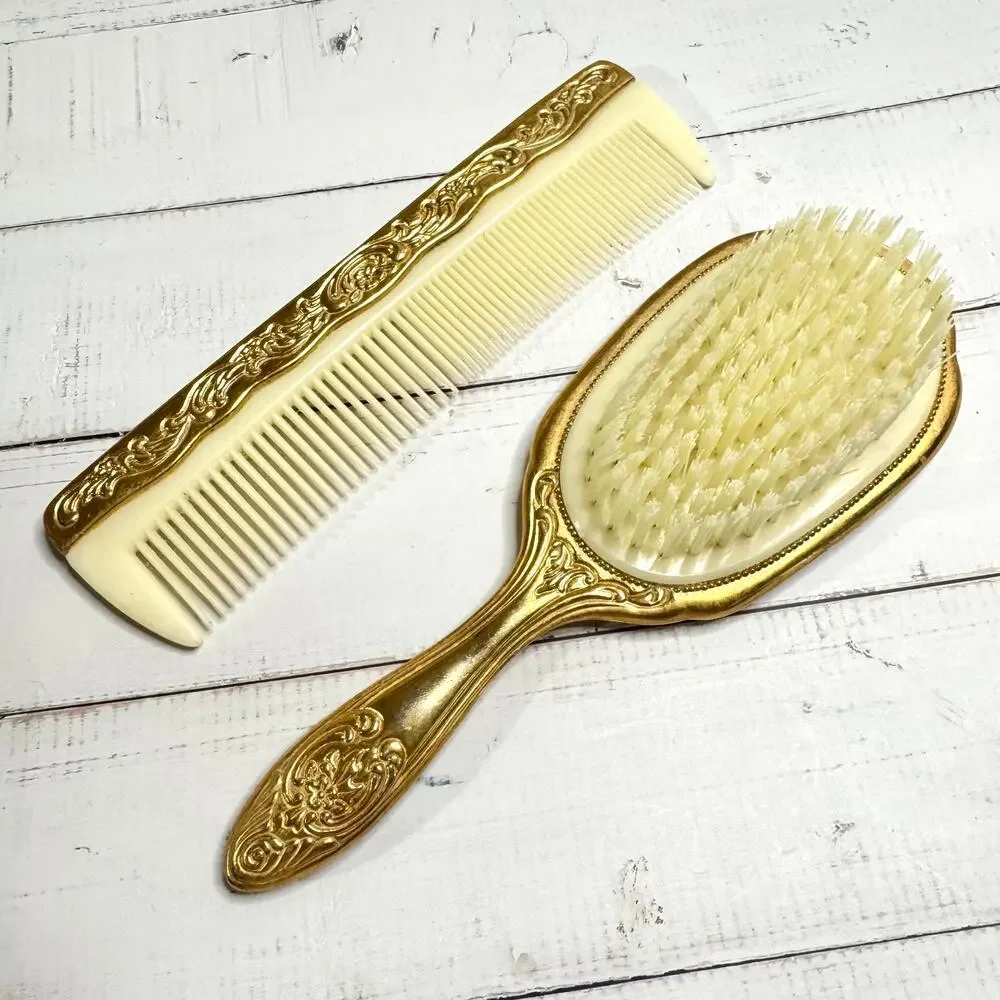 Vintage Gold Tone Brush & Comb Vanity Set Celluloid EUC Art Deco Style READ